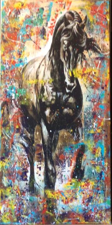 Kleurrijke paard- Katoenen canvasdoek-Mixed Media-120x60cm beschikbaar voor biedingen