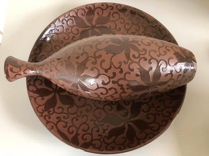 Bruine Schaal & Vaas Set - Aardewerk, Huis en Inrichting, Woonaccessoires | Schalen en Manden, Zo goed als nieuw, Schaal, Rond