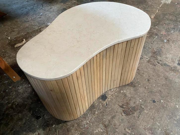 Japandi Bijzettafel 47x70 echt Marmer/Hout organische vorm, Huis en Inrichting, Tafels | Bijzettafels, Nieuw, Overige vormen, Ophalen
