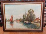 Olieverf schilderij Vaart met boten en boerderijen, Antiek en Kunst, Ophalen of Verzenden