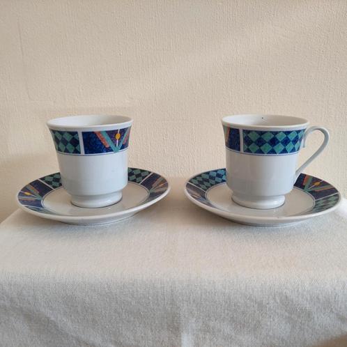 Vintage 4x luchtvaart kop en schotel China aqua/blauw/paars., Huis en Inrichting, Keuken | Servies, Kop(pen) en/of Schotel(s)