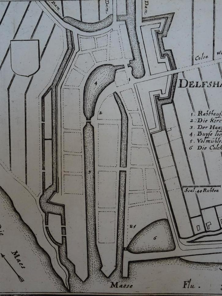 gravure plattegrond Delfshaven, Caspar Merian, 1670, Antiek en Kunst, Kunst | Etsen en Gravures, Verzenden