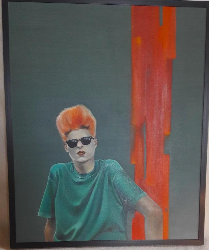 Cisca Bogman vrouw met zonnebril en groen shirt - pop art, Antiek en Kunst, Kunst | Schilderijen | Modern, Ophalen