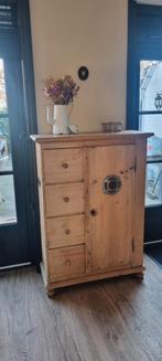 Antieke grenen kast met lades en deur, Huis en Inrichting, Kasten | Buffetkasten, Ophalen of Verzenden, Gebruikt, 25 tot 50 cm