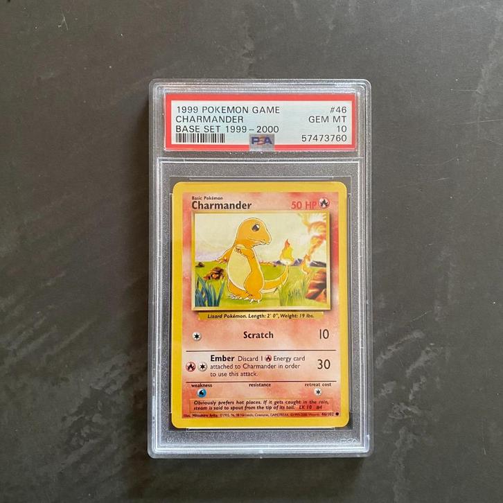 Pokemon #46 Charmander Base Set 1999-2000 PSA 10, Hobby en Vrije tijd, Verzamelkaartspellen | Pokémon, Zo goed als nieuw, Ophalen of Verzenden