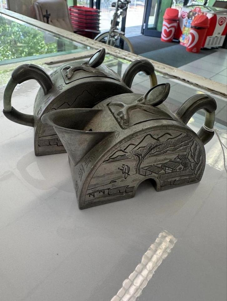 Chinese pewter melk- en suikerstel met jade-handvatten, Antiek en Kunst, Antiek | Tin, Ophalen of Verzenden