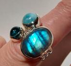 Mooie nwe zilveren ring,Labradoriet,Larimar,Toermalijn- 17,5, Blauw, Nieuw, Ophalen of Verzenden, 17 tot 18