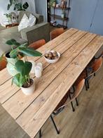 Houten eettafel met 6 retro schoolstoelen, Huis en Inrichting, Tafels | Eettafels, Ophalen, Gebruikt, 50 tot 100 cm, Vijf personen of meer
