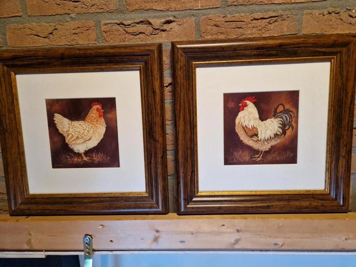 2 Schilderijtjes Kip & Haan - Zo Goed Als Nieuw, Huis en Inrichting, Woonaccessoires | Schilderijen, Tekeningen en Foto's, Zo goed als nieuw