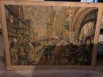 Antieke schoolplaat “Een stad in de Middeleeuwen, Antiek en Kunst, Ophalen of Verzenden, Geschiedenis