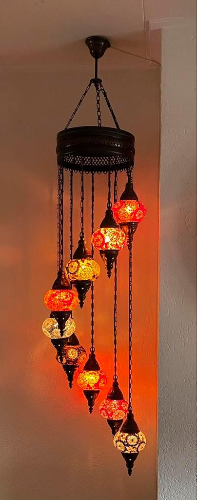 Oosterse kroonluchter met 9 mozaïek bollen, Huis en Inrichting, Lampen | Kroonluchters, Zo goed als nieuw, Glas, Ophalen