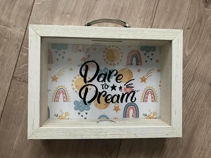 Dare to dream spaarpot - ruilen, Verzamelen, Spaarpotten, Zo goed als nieuw, Overige thema's, Hout, Ophalen