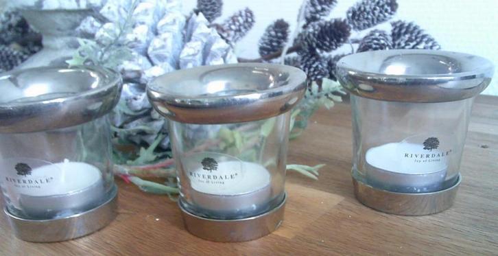 3 Riverdale Waxine lichthouders zilverkleurig en glas, Huis en Inrichting, Woonaccessoires | Kandelaars en Kaarsen, Gebruikt, Kandelaar