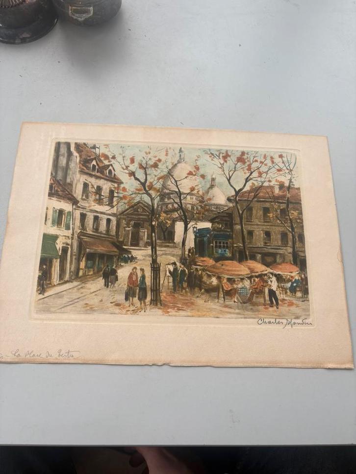 Charmante handgekleurde prent Montmartre, Parijs 20e eeuw, Antiek en Kunst, Kunst | Tekeningen en Foto's, Verzenden