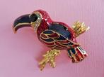 jwg Vintage 80s Toekan vogel rood emaille goud klr verguld, Verzenden, Overige materialen, Broche, Verguld