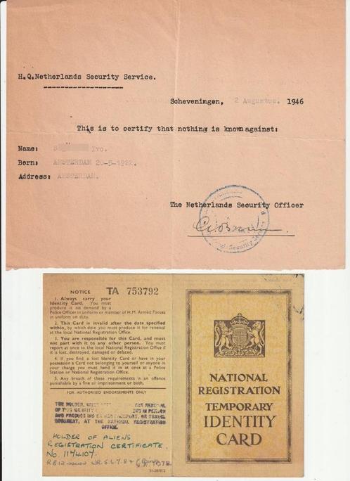 1946 ID kaart + form. H.Q. Netherlands Security Service, Antiek en Kunst, Curiosa en Brocante, Verzenden
