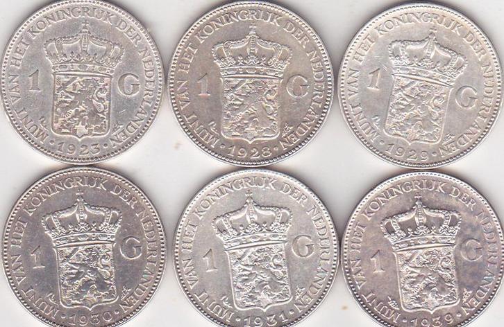 WILHELMINA GULDENS 1939 - 1931 - 1930 - 1929 - 1928 - 1923, Postzegels en Munten, Munten | Nederland, Koningin Wilhelmina, Ophalen of Verzenden