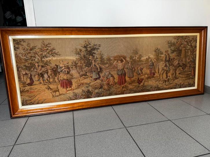 Frans gobelin Aubusson wandkleed boerderij tafereel in lijst, Antiek en Kunst, Kunst | Schilderijen | Abstract, Ophalen