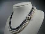 Parel collier gekweekt 3 rijen met exclusief edelsteen sluit, Verzenden, Goud, Ketting, Met edelsteen