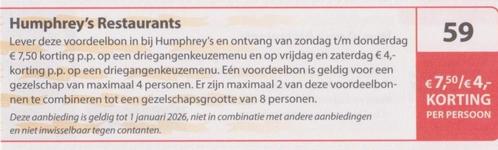 Humphrey's Restaurants Postcodeloterij kortingsbon nr 59., Tickets en Kaartjes, Kortingen en Cadeaubonnen, Drie personen of meer