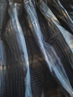 Gordijnen met donker blauwe stof en goudkleurige accenten, Gebruikt, 100 tot 150 cm, Ophalen of Verzenden, 200 cm of meer