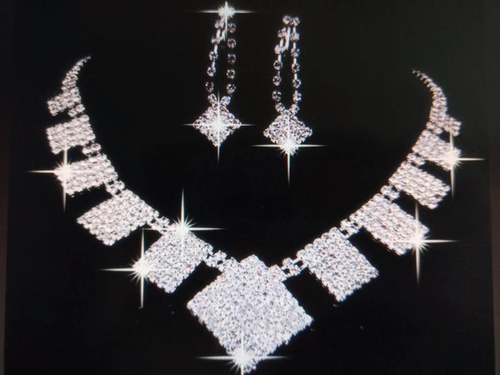 Zilveren ketting met oorbellen en veel strass., Sieraden, Tassen en Uiterlijk, Kettingen, Nieuw, Overige materialen, Zilver, Verzenden