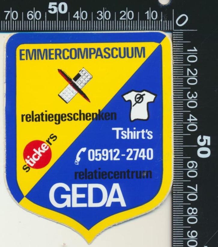 Sticker: Geda Relatiegeschenken - Emmercompascuum, Verzamelen, Stickers, Zo goed als nieuw, Bedrijf of Vereniging, Ophalen of Verzenden