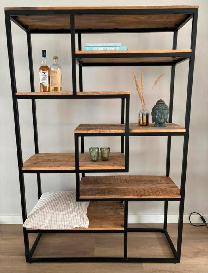 Stoere industriële vakkenkast van staal en mango hout NIEUW, Huis en Inrichting, Kasten | Wandmeubels, Zo goed als nieuw, 150 tot 200 cm