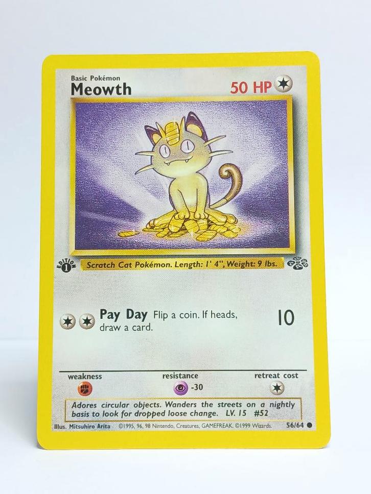 Pokémon - Jungle - 1st Edition - Meowth - 56/65 - Non Holo, Hobby en Vrije tijd, Verzamelkaartspellen | Pokémon, Zo goed als nieuw