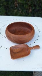 Vintage houten schaal, salade bak, rijstschotel met schep, Gebruikt, Vintage, Rond, Ophalen of Verzenden