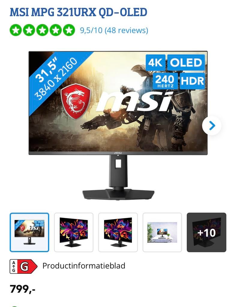 MSI MPG 321URX QD-OLED mp 191, Ophalen, MSI, In hoogte verstelbaar, Ultra HD (4K)