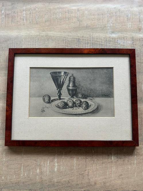 Oude prent stilleven in lijst – gesigneerd Pabot, Antiek en Kunst, Kunst | Etsen en Gravures, Ophalen of Verzenden