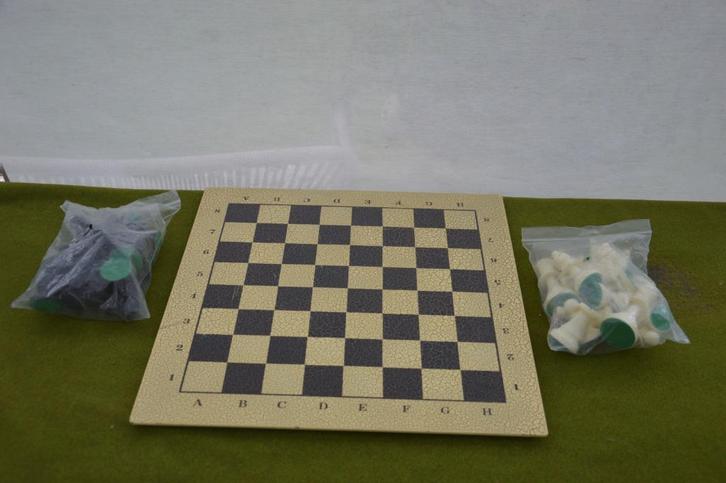 Vintage schaakbord met kunststof schaakstukken groen vilten, Hobby en Vrije tijd, Gezelschapsspellen | Bordspellen, Gebruikt, Een of twee spelers