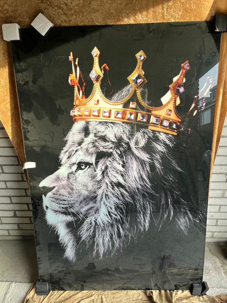 Nieuw Glas Schilderij Leeuw met Kroon 100x150, Huis en Inrichting, Woonaccessoires | Schilderijen, Tekeningen en Foto's, Nieuw