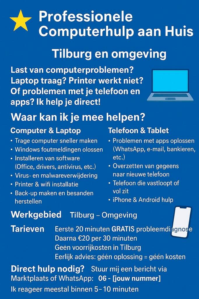 Professionele Computerhulp aan Huis – Tilburg en omgeving, Computers en Software, Overige Computers en Software, Nieuw, Ophalen of Verzenden