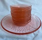 Vintage oud roze gebaksstel persglas Art Deco 13 delig, Antiek en Kunst, Antiek | Glas en Kristal, Ophalen of Verzenden