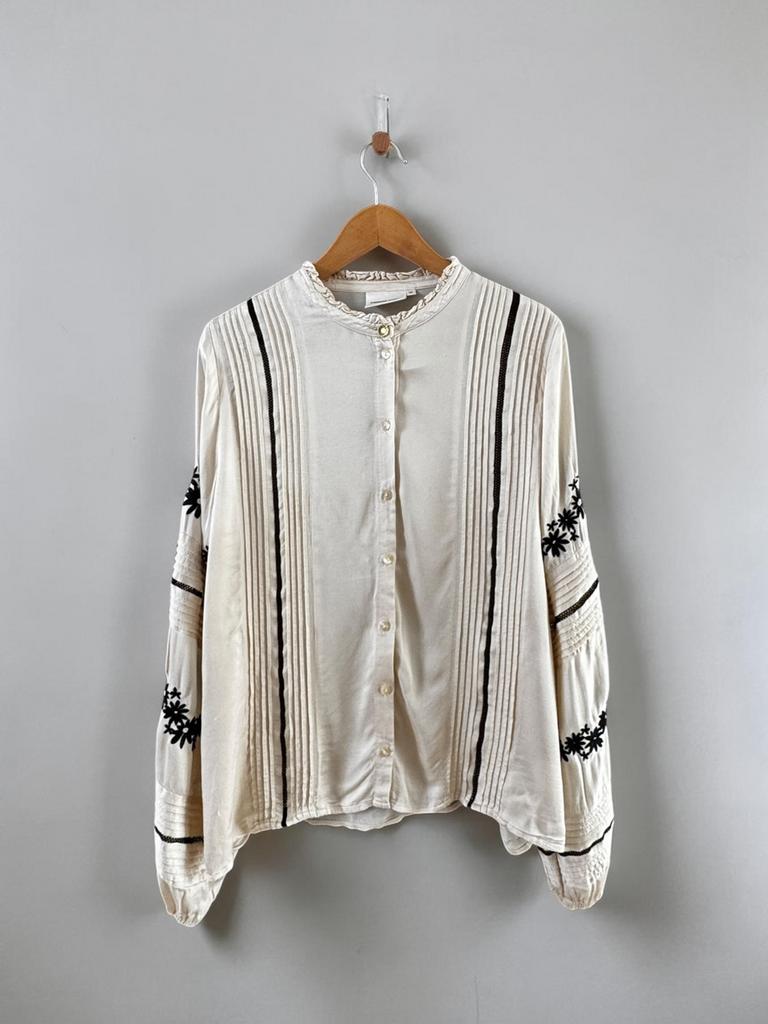 Fabienne Chapot beige blouse zwart emroidery 40 L large, Ophalen of Verzenden, Zo goed als nieuw, Maat 38/40 (M), Beige