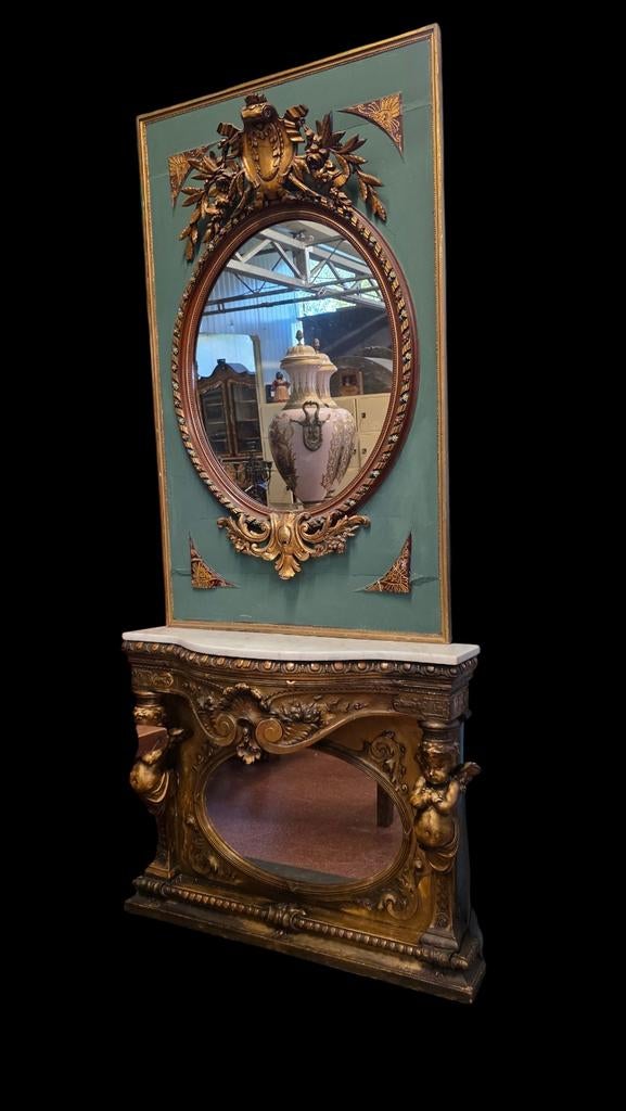 Unieke 18/19e-eeuwse Sidetable met Engelen en Spiegel