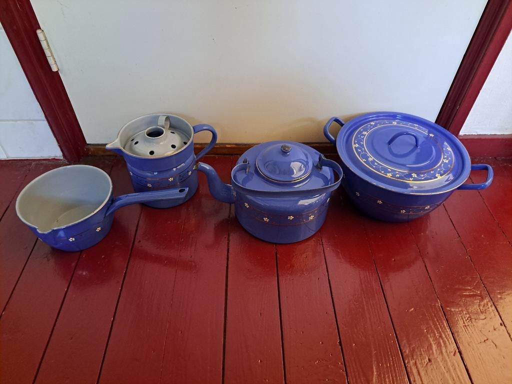 Lavendelblauwe gedecoreerd geëmailleerde keukenset - 4-delig, Ophalen of Verzenden