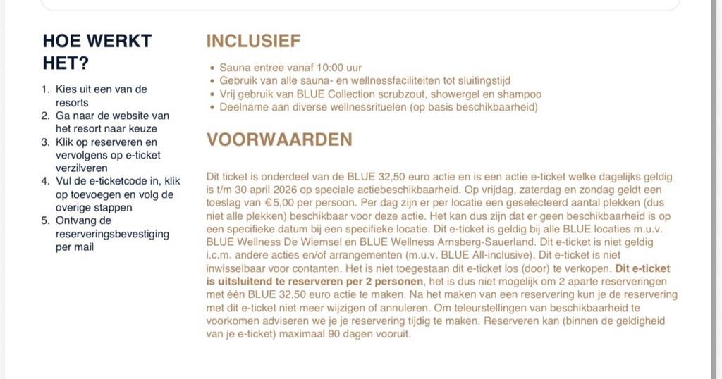 2x sauna entree Blue Wellness tickets geldig tm 30 april, Ophalen of Verzenden, Nieuw, Complete sauna
