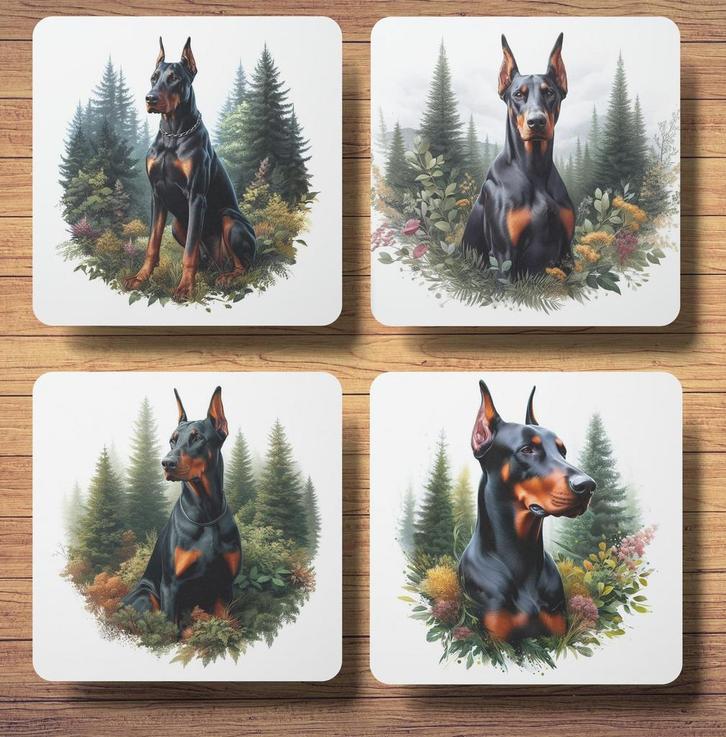 Dobermann Bos onderzetters met houder, Huis en Inrichting, Woonaccessoires | Onderzetters, Nieuw, Glas of Kopje, Ophalen of Verzenden