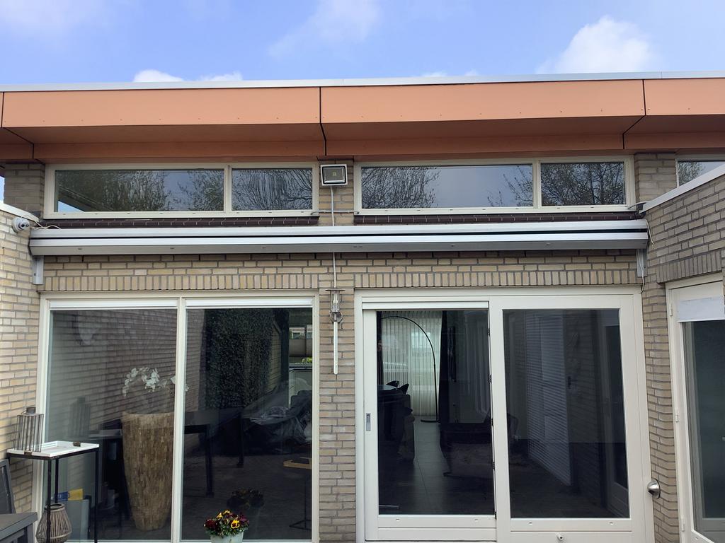 Elektronische knikarm zonneluifel 5,25m breed, Tuin en Terras, Zonneschermen, Ophalen, 450 cm of meer, Elektrisch, Zo goed als nieuw