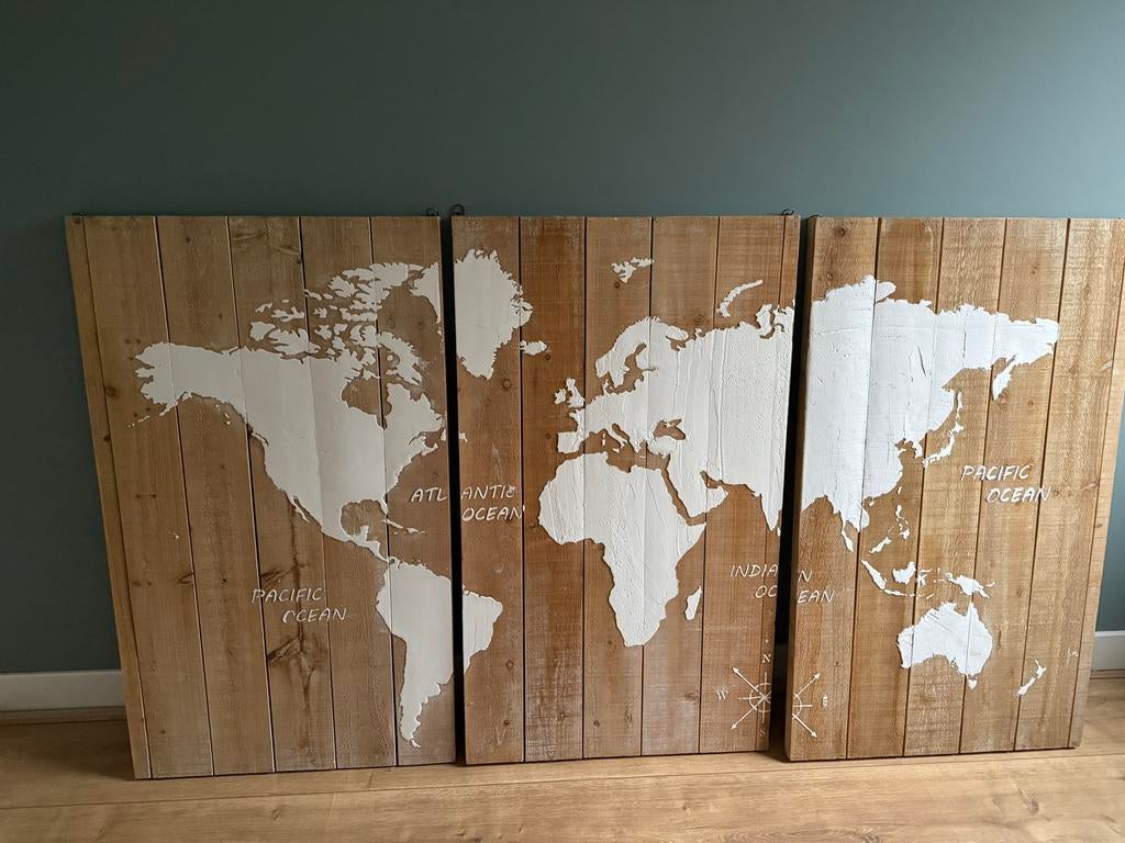 Prachtig Houten Wereldkaart 3-luik - Rustieke Decoratie, Ophalen, Gebruikt