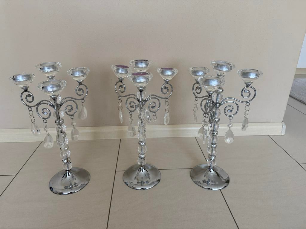 Set van 3 zilverkleurige kandelaars met kristallen, Gebruikt, 25 tot 50 cm, Ophalen of Verzenden, Metaal