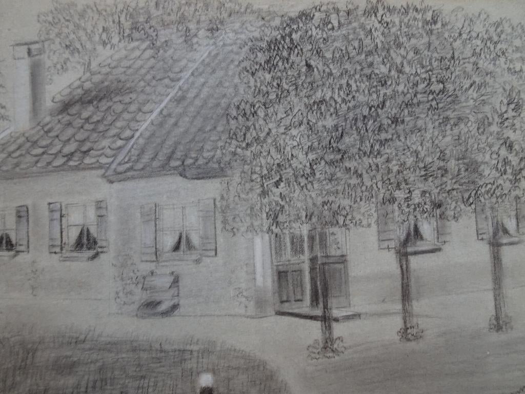 tekening boerderij achter bomen, C. Overmars Amsterdam 1881, Antiek en Kunst, Verzenden