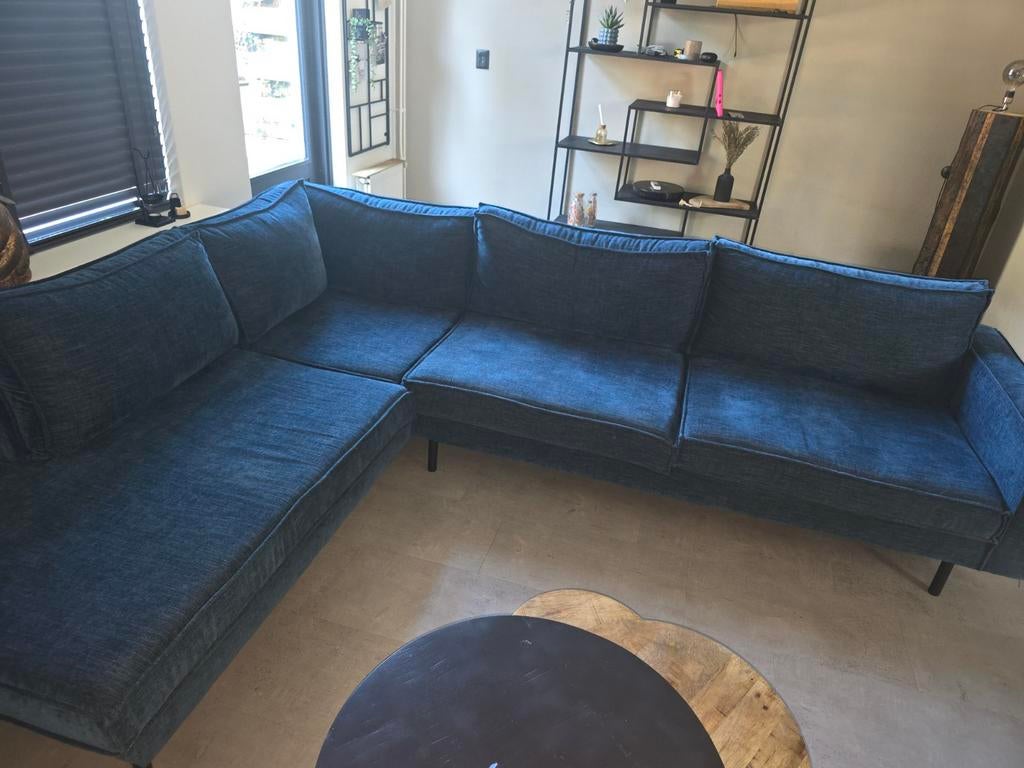 Comfortabele hoekbank in blauw/petrol stof, Huis en Inrichting, Banken | Bankstellen, 250 tot 300 cm, Hoekbank, Ophalen of Verzenden