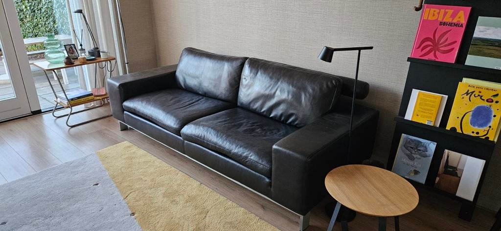 Bankstel Movani 3-zits, zwart aniline leder, Ophalen, Gebruikt, 75 tot 100 cm, 200 tot 250 cm