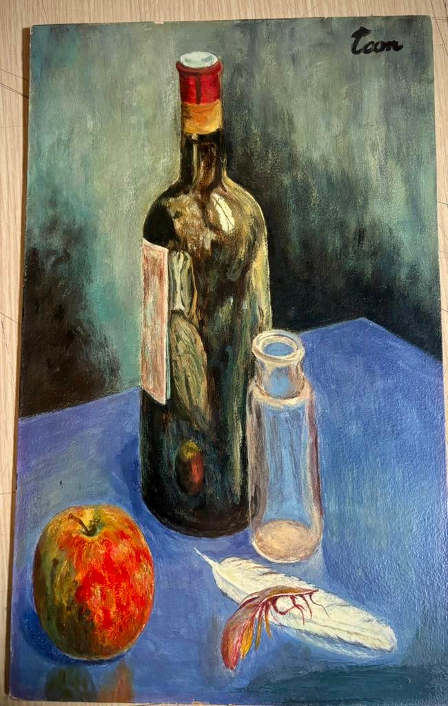 Heel apart olieverf schilderij, wijnfles zoutfles appel., Ophalen
