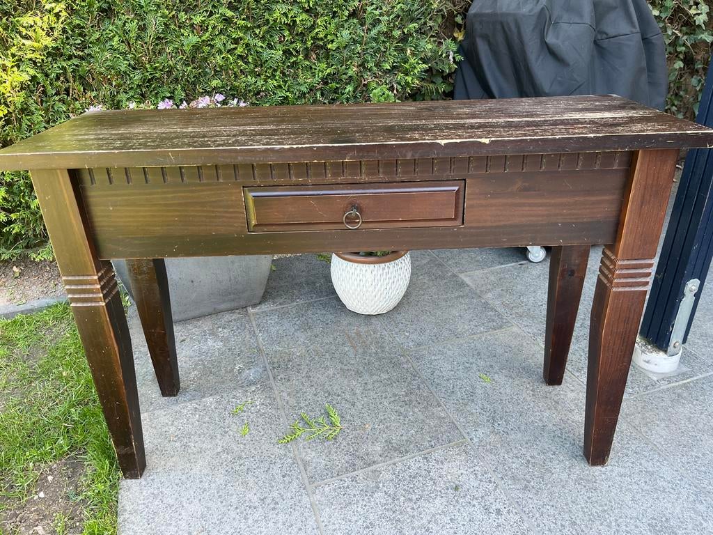 Vintage houten sidetable met lade - opknapper, Gebruikt, 100 tot 150 cm, Ophalen of Verzenden, 25 tot 50 cm