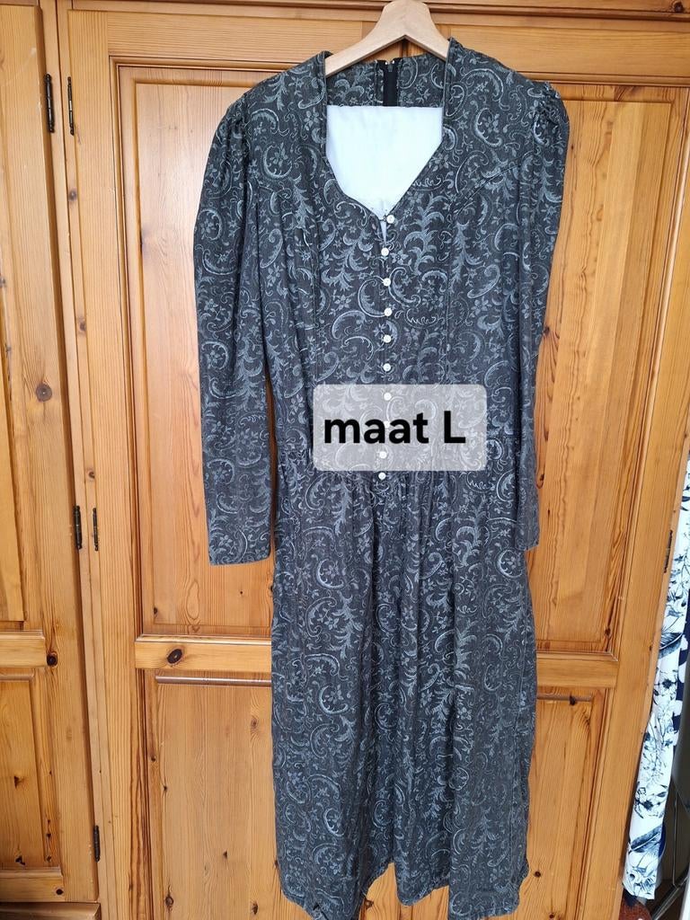 Vintage Jurk met Broderie Anglaise Onderrok - Maat L, Kleding | Dames, Maat 42/44 (L), Ophalen of Verzenden, Knielengte, Grijs